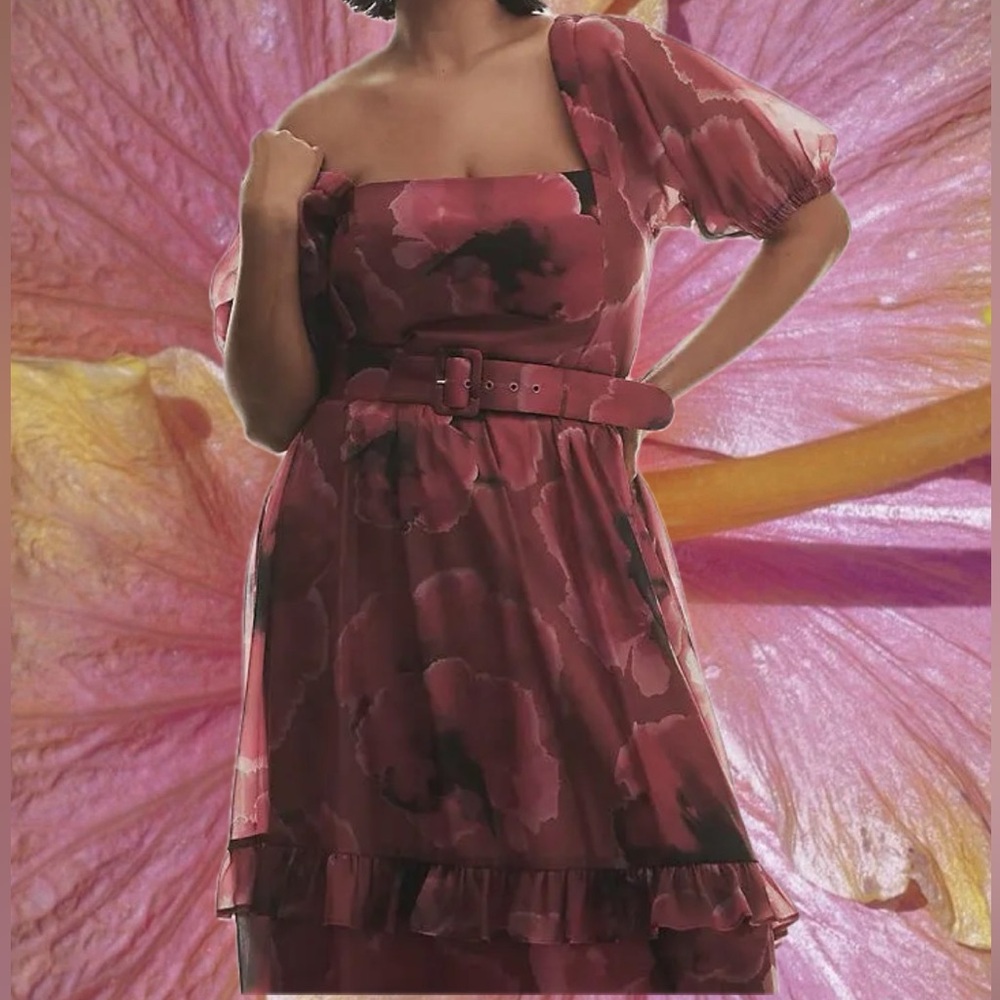 Anthropologie Hutch Puff-Sleeve Square-Neck Belted Tiered Ruffled Maxi Dress